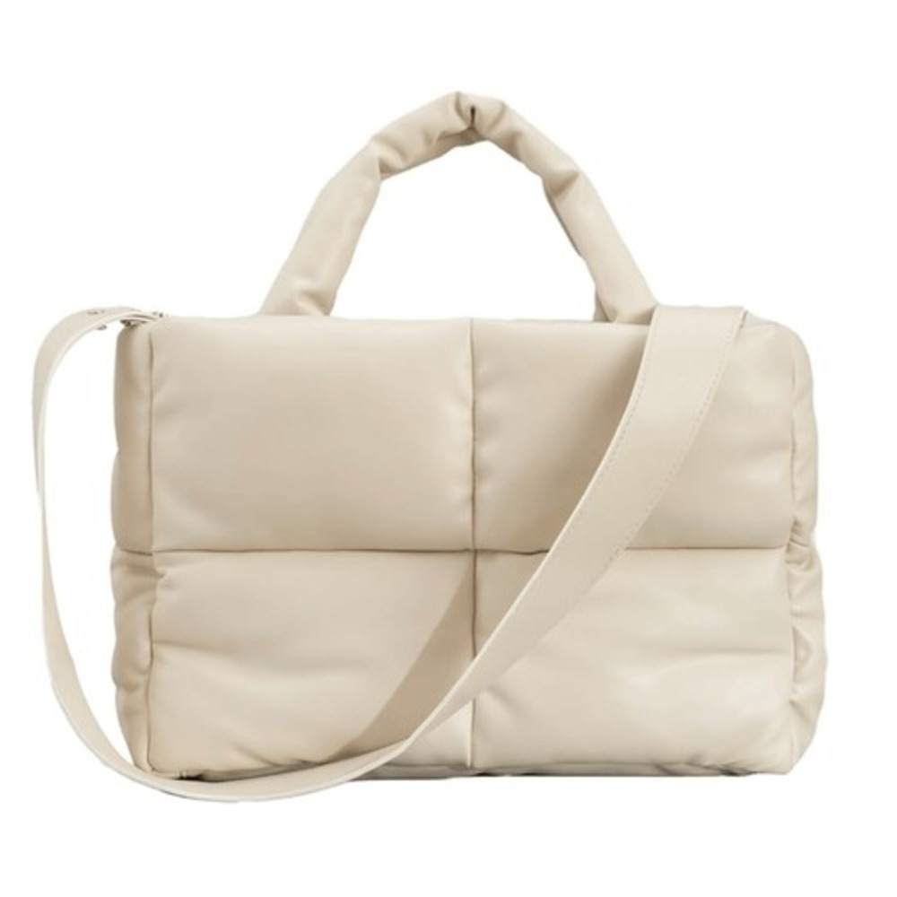 Beige Puffy Tote Bag Puffer Cotton Light Winter Down Padded Quilted Shoulder
